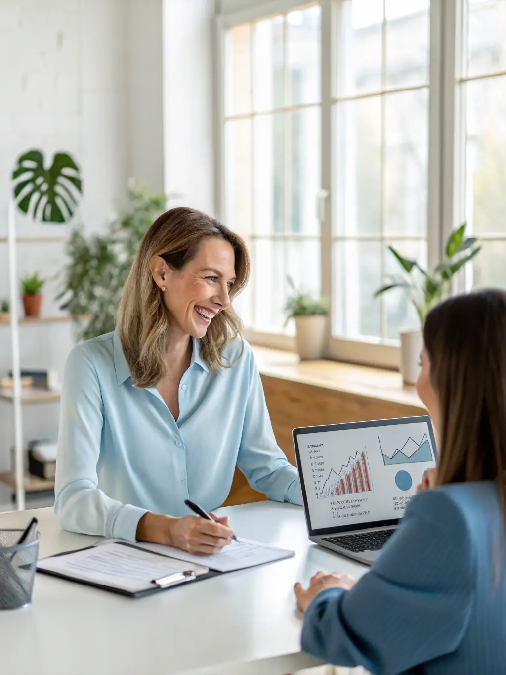 A professional tax advisor is reviewing financial documents with a client in a modern office, symbolizing personalized tax planning for Tax Blocker's tailored tax optimization service.
