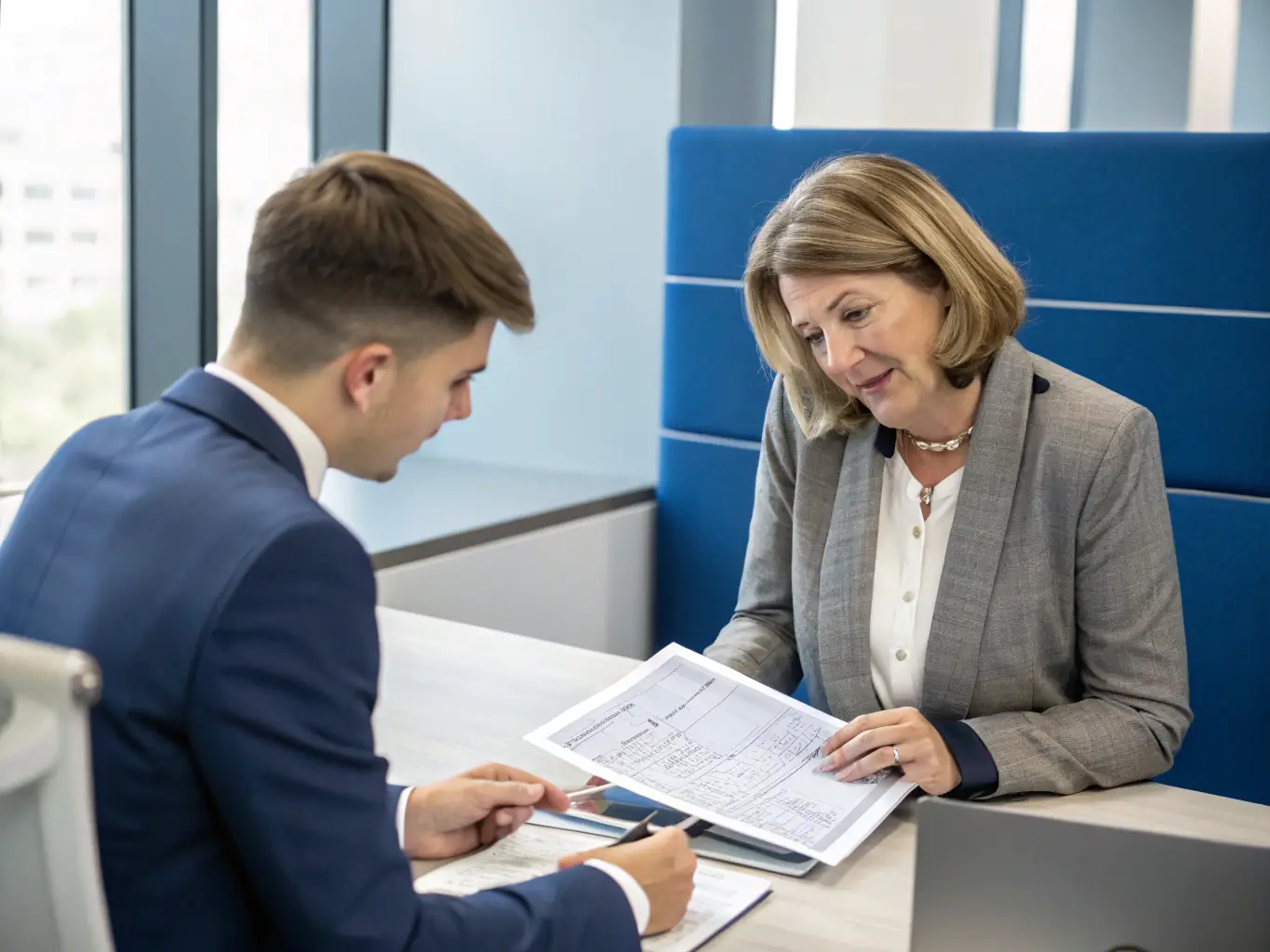 A professional tax advisor conducting an initial consultation with a new client in a modern office setting, reviewing financial documents and discussing tax optimization strategies.
