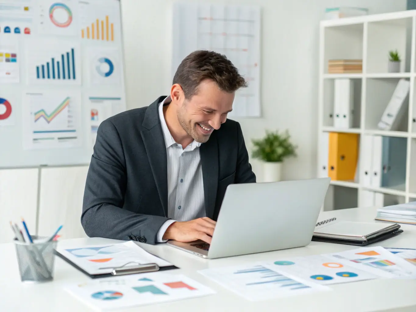 An image of a business owner confidently managing their finances on a laptop, symbolizing the benefits of effective tax planning and reduced tax burden.